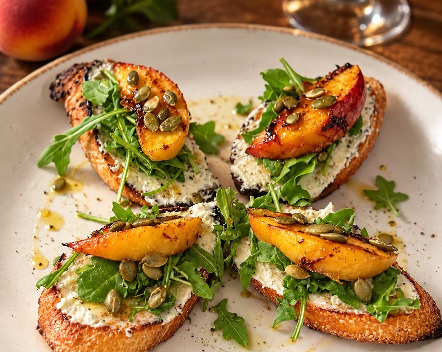 Bruschetta Dolce with roasted peaches and ricotta