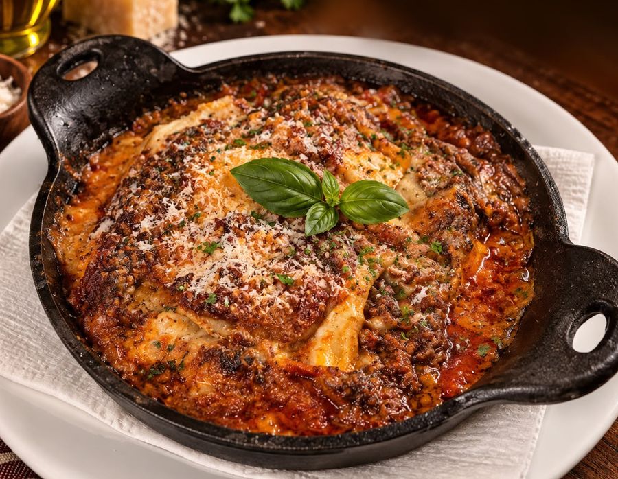 Lasagna di Agnello in a cast-iron dish
