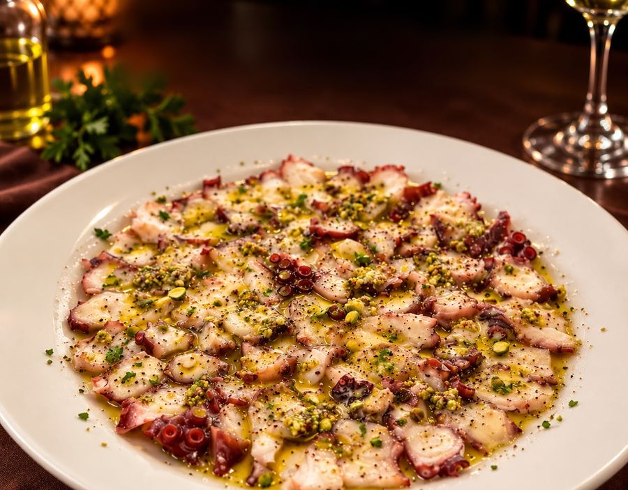 Carpaccio di Polpo by candlelight with white wine